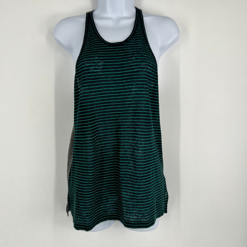 T by Alexander Wang‎ M Striped Linen Blend Racerback Tank Top Green Blue Gray